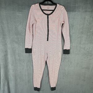 LL Bean Pajamas Womens Medium Red Striped Thermal Unionsuit One Piece Comfort